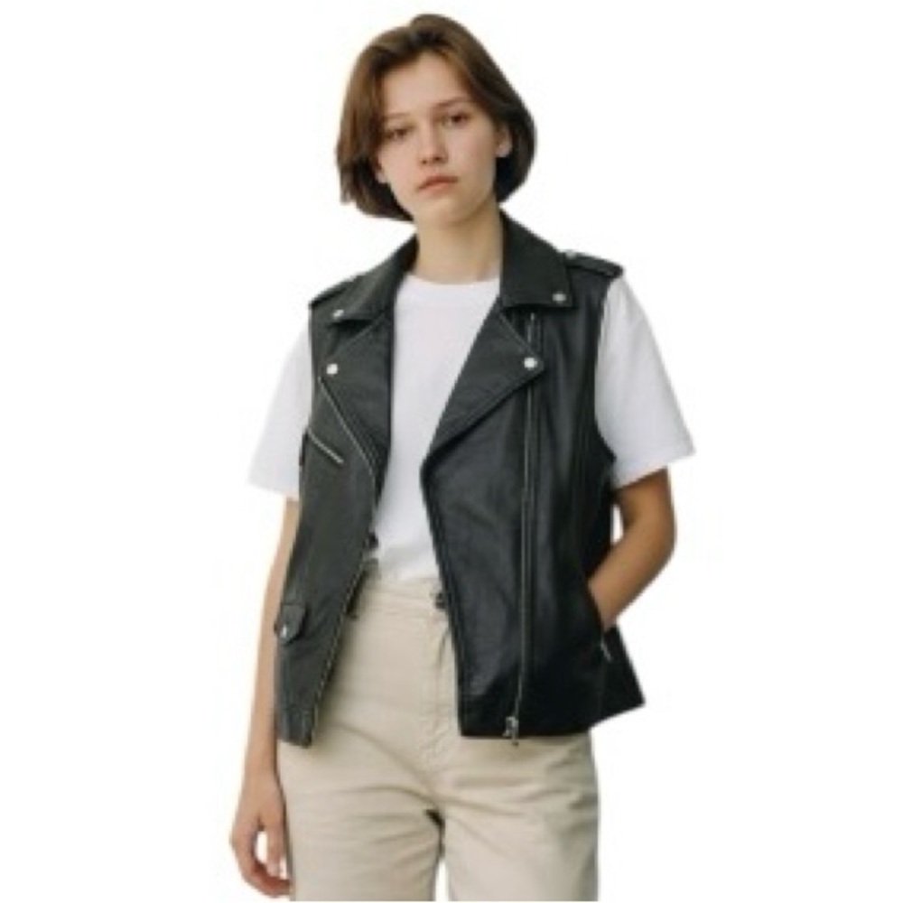 Treasure & Bond Women’s Black Leather Moto Vest Size M Asymmetrical Zip - Picture 5 of 15